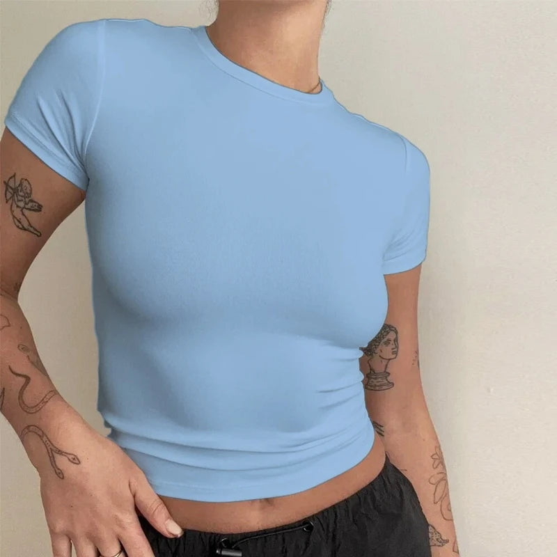 Elevate Your Summer Wardrobe with This Sporty Women's Short Sleeve T-Shirt - Slim Fit Knitted Tee for Effortless Street Style!